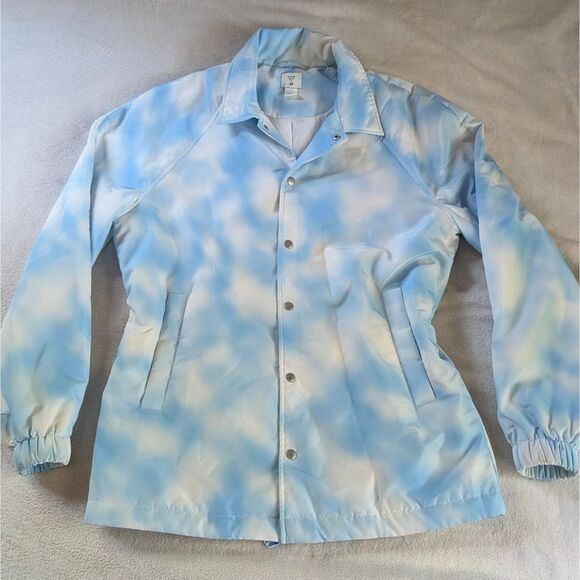 H&M Justine Skye Cloud Print Puffer Jacket Women's Medium Blue White Button Up - Picture 2 of 10